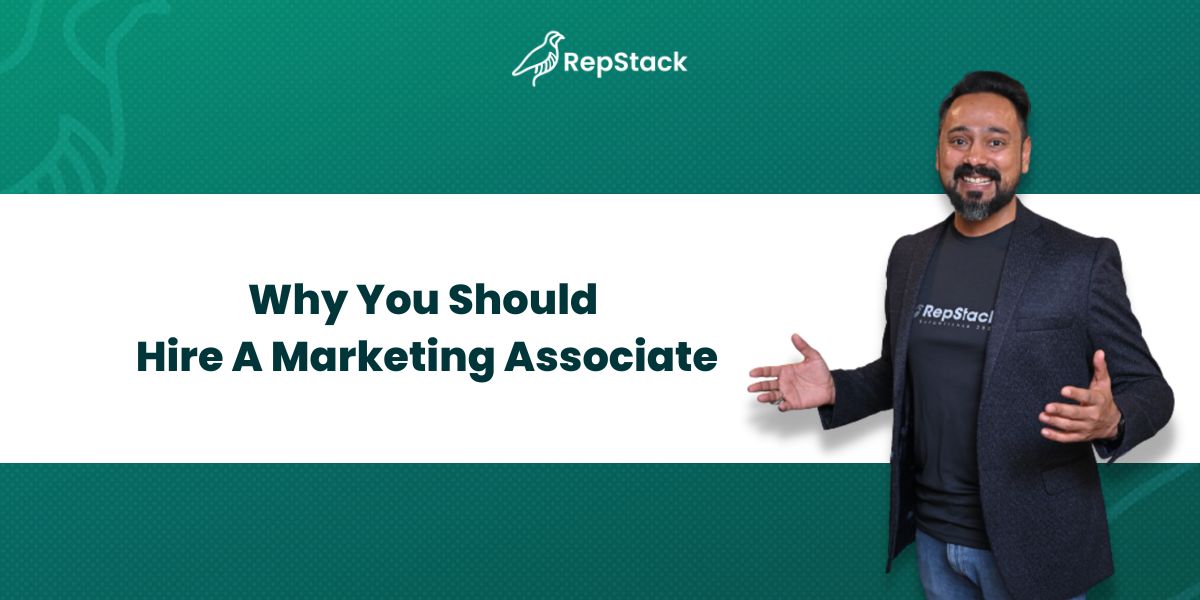 Man in blazer gesturing positively, promoting RepStack's message on hiring a marketing associate.