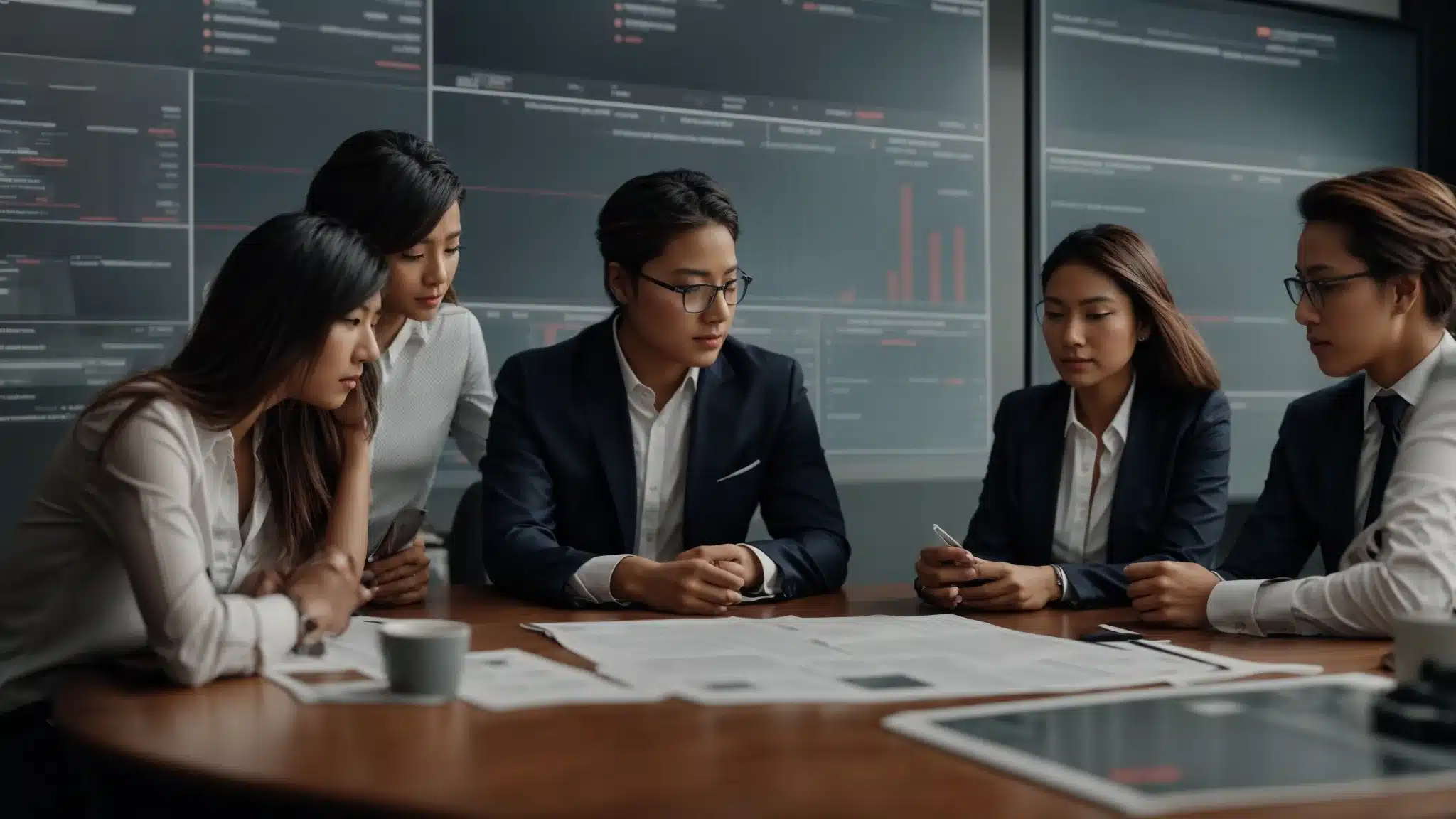 a business team gathers around a table, focused on a dashboard display showing various performance charts.