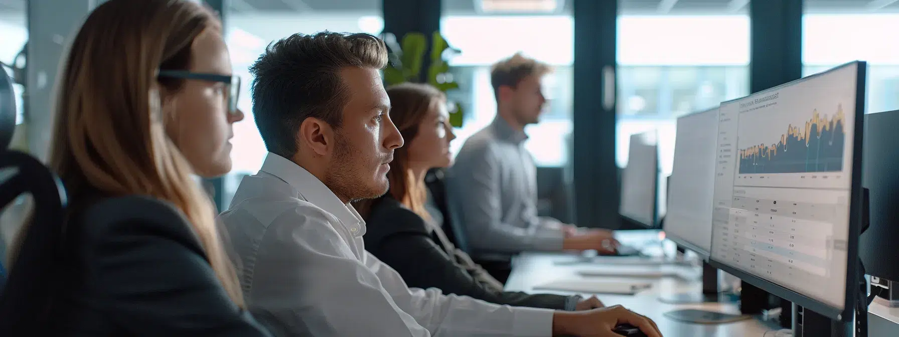 a group of marketers analyzing data on computer screens in a modern office setting.