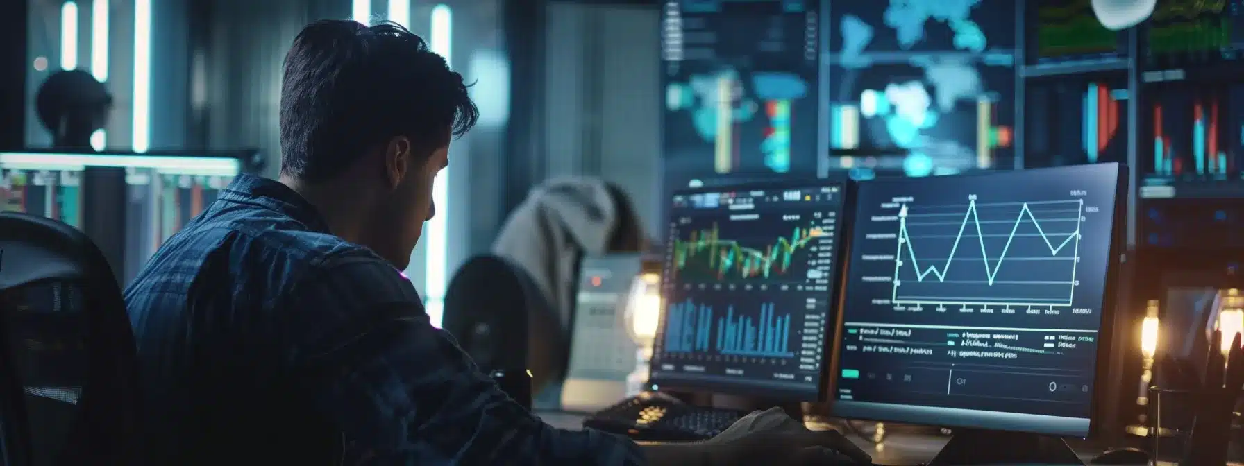 a team of professionals brainstorming ideas on a digital interface with various tech devices and charts around them.