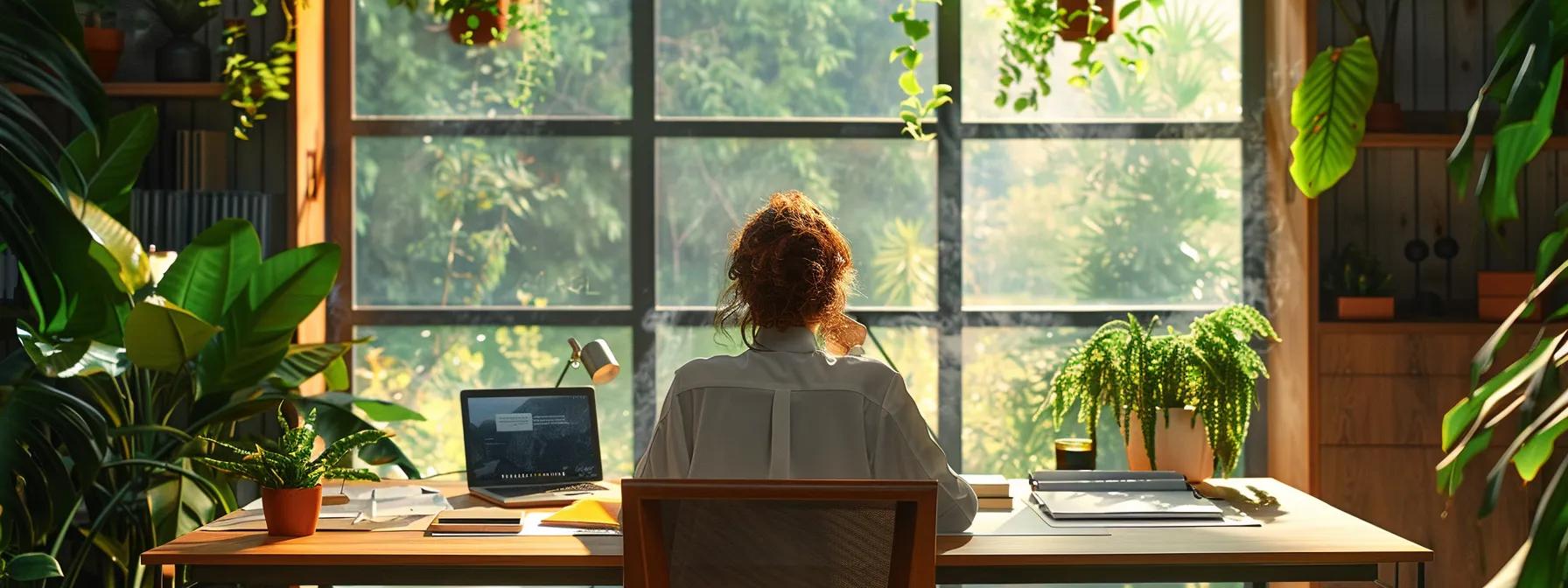 a focused executive assistant, working diligently at a modern home office desk, surrounded by sleek technology and vibrant plants, embodies the essence of remote collaboration and productivity.