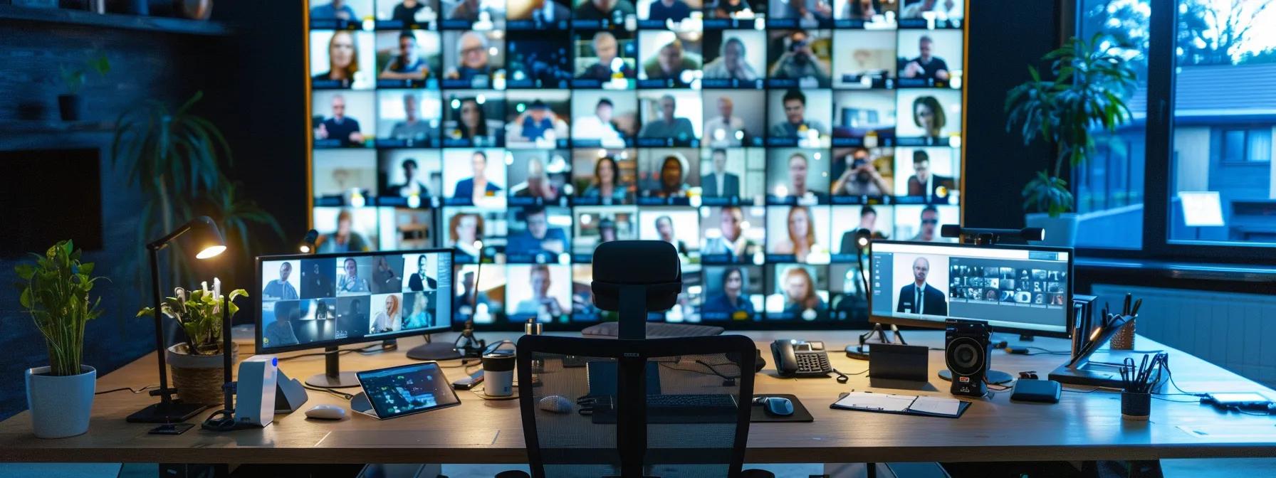 a modern, bright workspace featuring a focused professional engaged in a video call, surrounded by neatly organized tools that symbolize an efficient recruitment process for remote executive assistants.