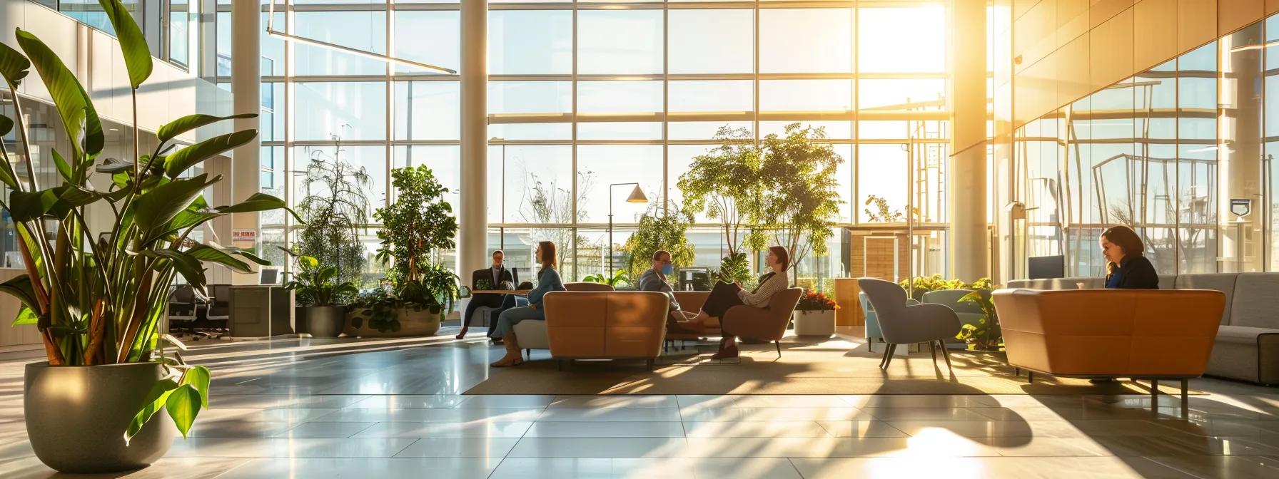 a modern, sleek office setting showcases a dynamic virtual assistant collaborating seamlessly with diverse clients, illuminated by natural light streaming through large windows, symbolizing the simplicity and efficiency of the hiring journey.