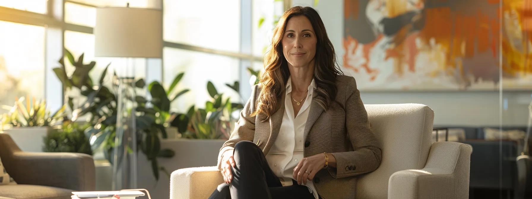 a poised executive assistant confidently sets professional goals in a modern, sunlit office, surrounded by sleek technology and inspirational decor.